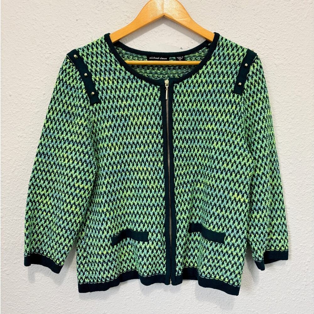 Michael Simon Green Knit Zip Up Sweater Studded Funky Y2K